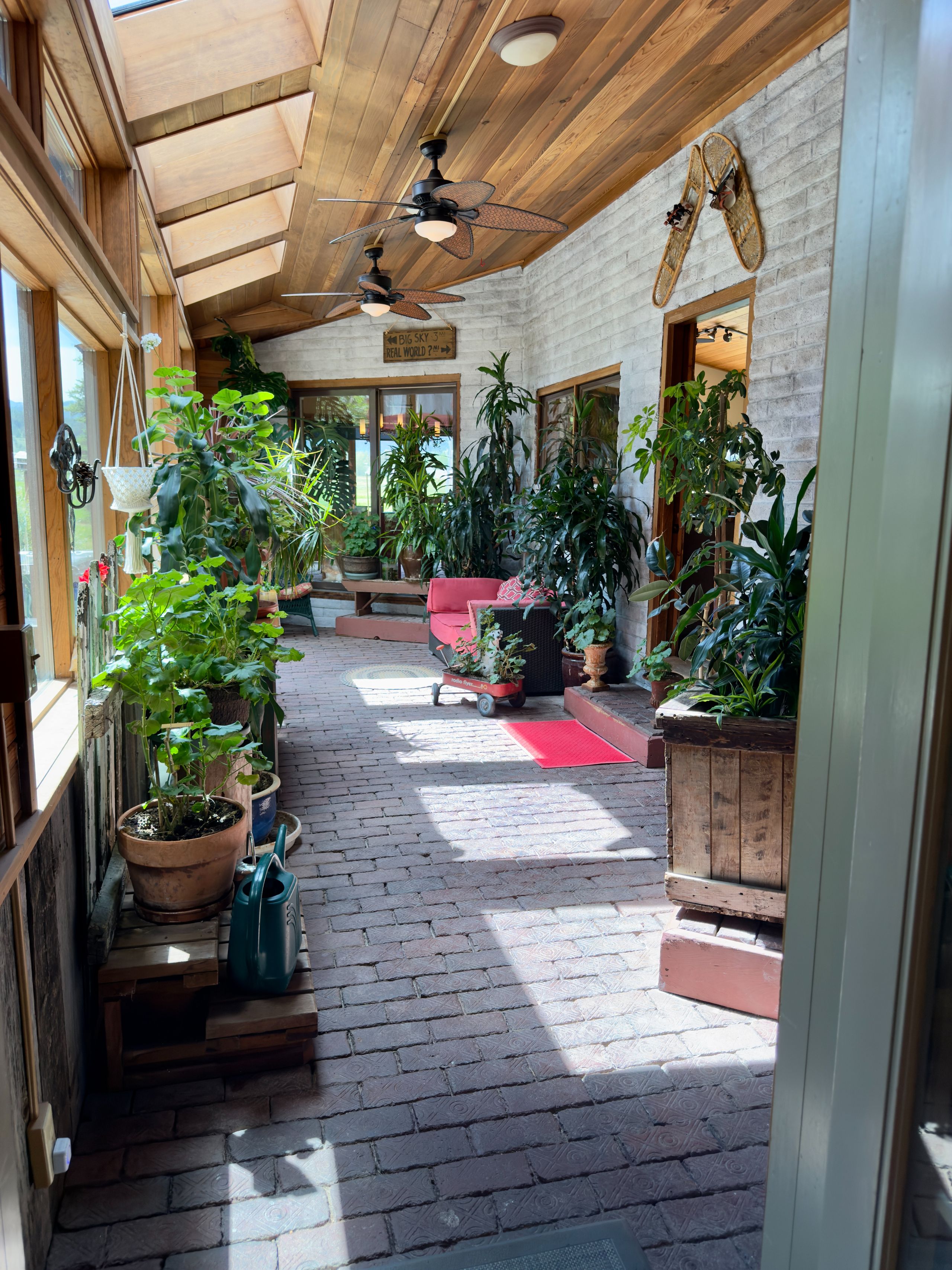The Yellowtail garden room: a sunlit hallway lined with potted plants along both sides.